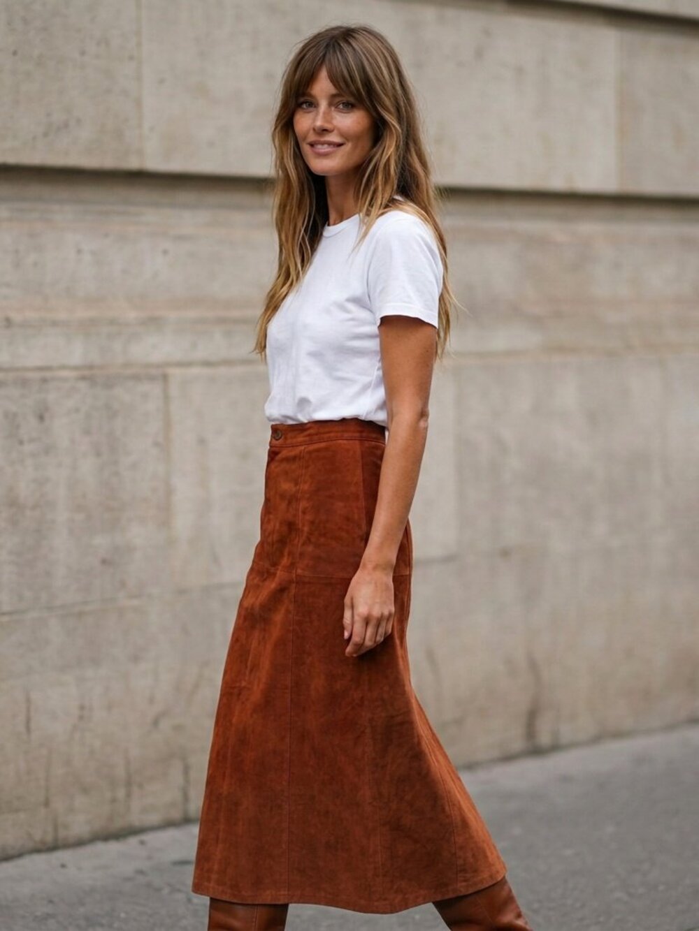 Suede Midi Skirt Vintage Leather Brown Suede Terracotta Long Maxi Skirt - Picture 8 of 16
